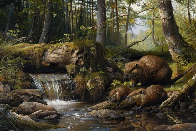 Photo a family of european beavers building a dam in a tranquil forest stream