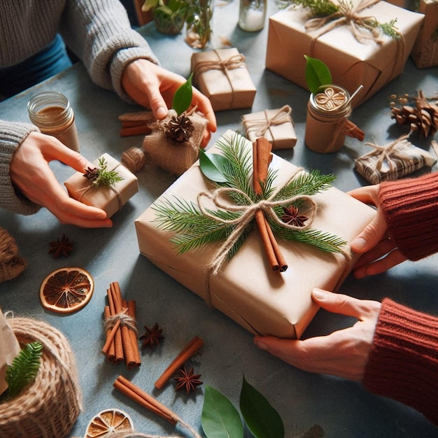 Photo family exchanging eco friendly christmas gifts