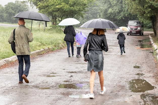 Family father mother and children walking in the park under umbrellas in rainy weather