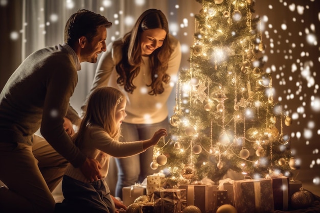 Family father mother and little daughter near Christmas tree