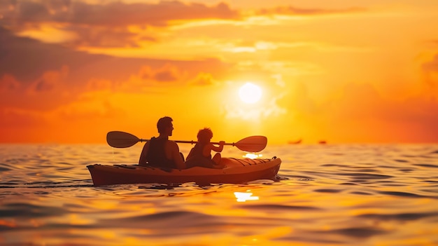 Family of Father Mother and Son Kayaking at Sea Sunset Scenic sunset moment