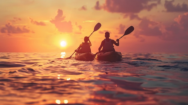 Family of Father Mother and Son Kayaking at Sea Sunset Scenic sunset moment