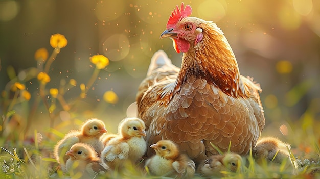 Family of Feathers Sweet moment captured as a hen gathers her chicks under her wings symbolizing safety warmth and maternal affection