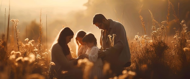 A family in a field of sunflowers was prayer ithbsunset view