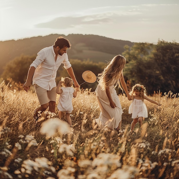 a family in a field of wildflowers is walking through a field