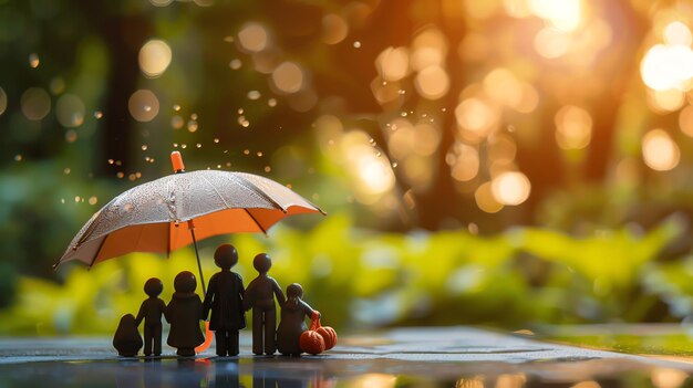 A family of figurines is standing under an umbrella in the rain with a warm blurry background of green foliage and sunlight