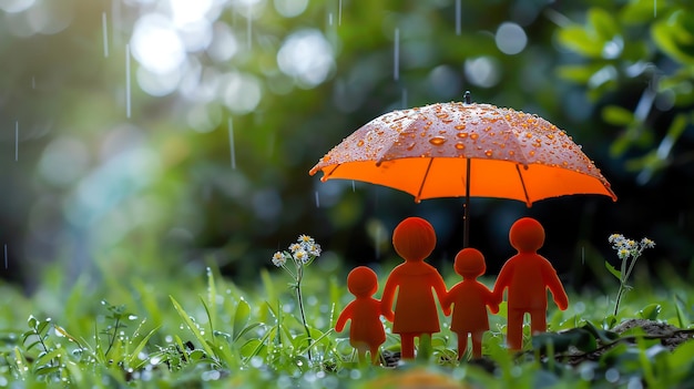 Family figurines stand under an orange umbrella in the rain symbolizing protection