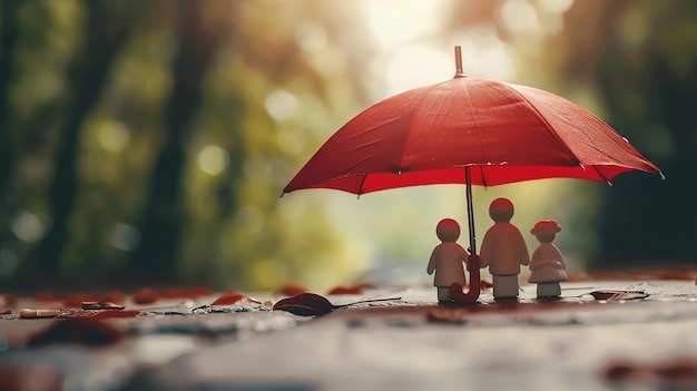 Family figurines standing under a red umbrella in a nature background