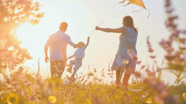 Family flying a kite in a field at sunset Outdoor leisure and family bonding concept