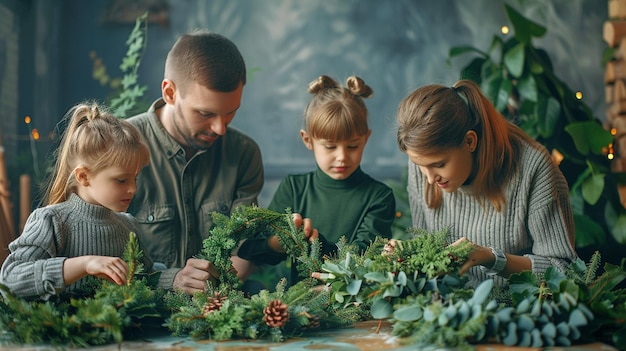 Photo a family of four are playing with a table full of vegetables