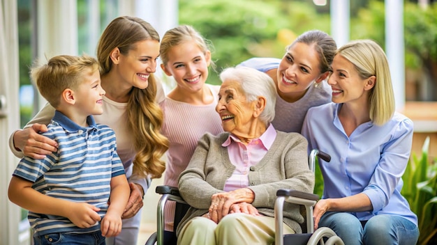 a family of four are posing for a photo with a woman in a wheelchair