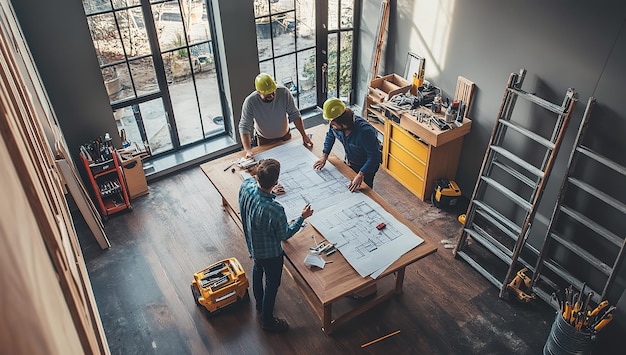 Photo family of four discussing home decor with architect construction workers in background blueprints