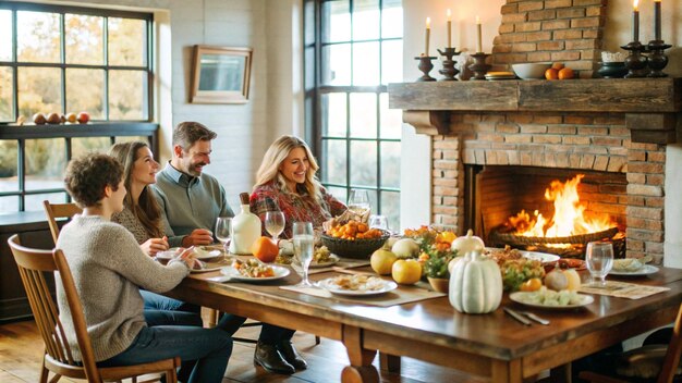 Photo a family of four enjoys a meal together in a cozy dining room with a fireplace