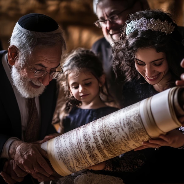 Photo a family of four gathers to read from a sacred scroll celebrating a special occasion