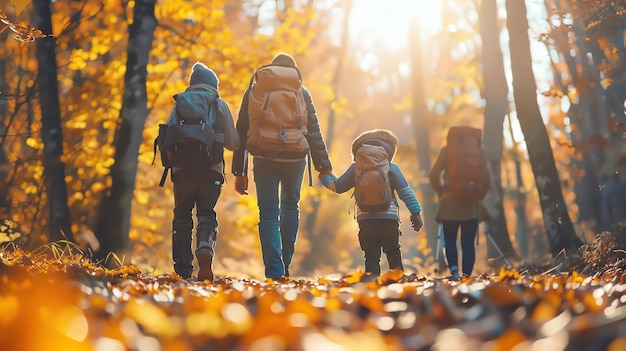 A family of four hikes through a beautiful autumn forest with the sun shining through the trees