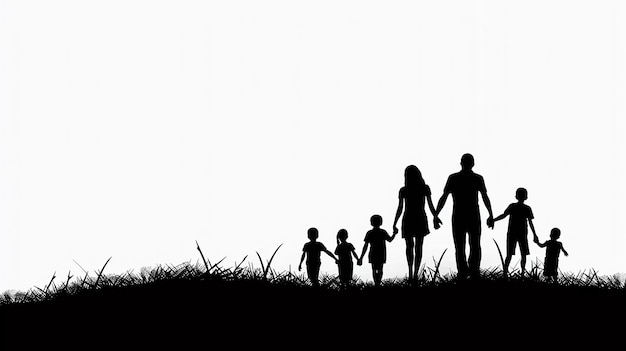 Photo a family of four hold hands and the silhouette of a man holding a childs hand