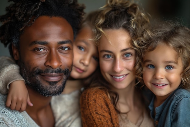 A family of four including a man and three children are smiling