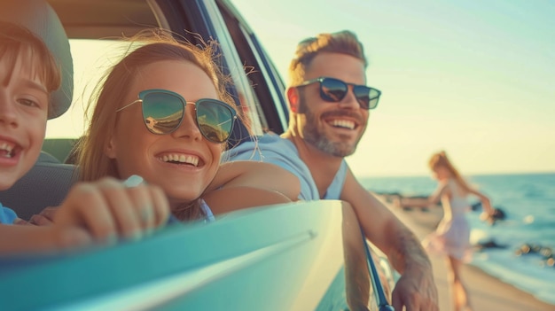 A family of four is enjoying a day at the beach in a blue car