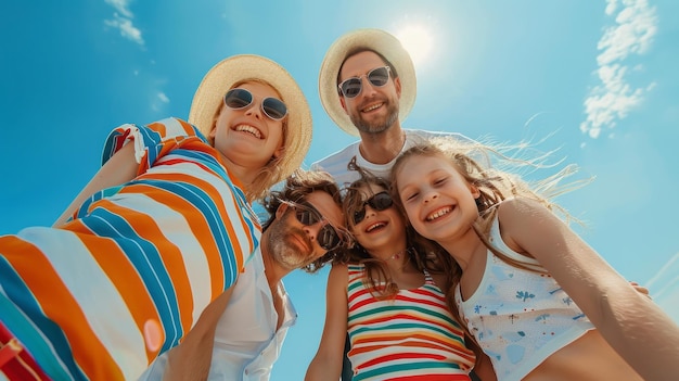 A family of four is posing for a picture on a sunny day