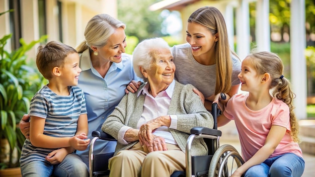 Photo a family of four is sitting on a wheelchair with a young child and older woman