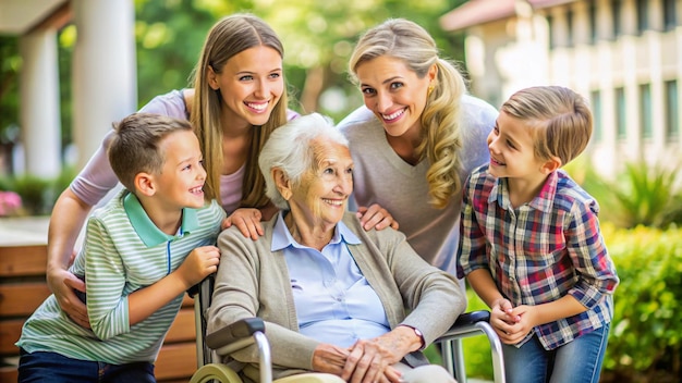 a family of four sit in a park with a woman and her children