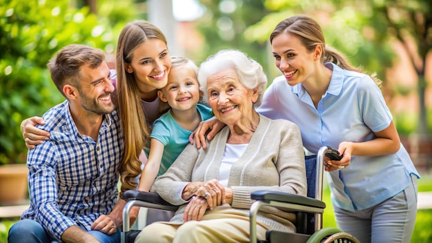 Photo a family of four sit in a wheelchair with a child and the family smiling