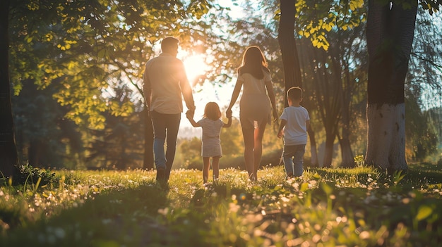 A family of four walks through a park with the sun shining down