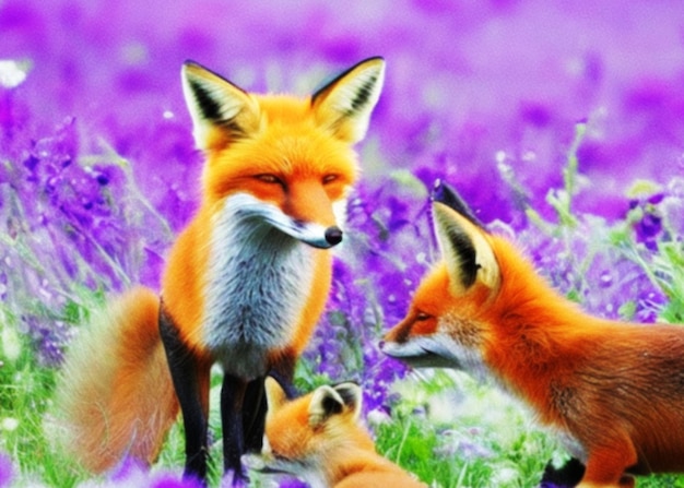 A family of foxes playing in a meadow of wildflowers