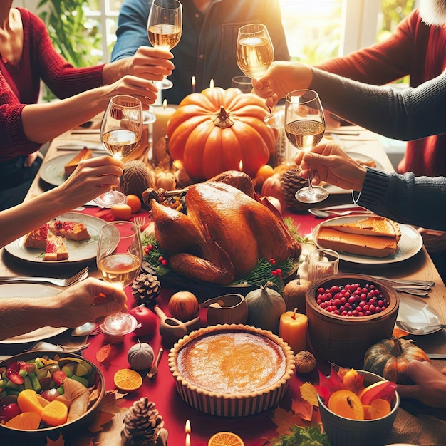 Photo family or friends celebrating thanksgiving day with rose wine