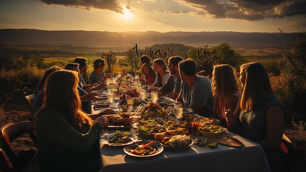 Family and friends enjoying a Thanksgiving meal together outdoors generative AI