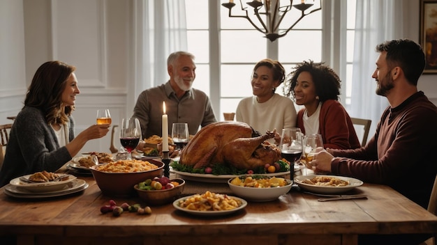 Family and friends gathering around the dinner table enjoying a holiday meal together