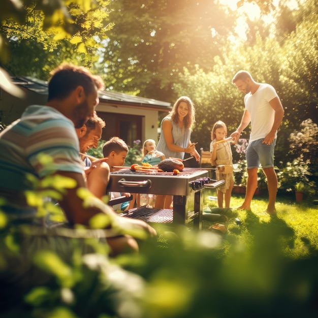 family and friends having a picnic barbeque grill in the garden