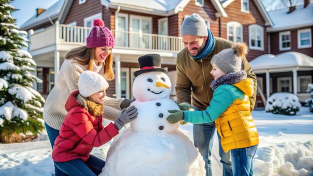 Photo family fun building a snowman in winter wonderland