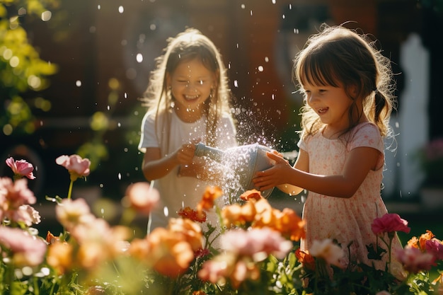 Family Fun Two Girls Splashing in the Garden Water