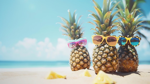 Family of funny attractive pineapples in stylish sunglasses on the sand against turq Generative AI