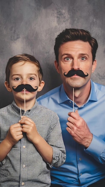 Photo family funny father and his son kid holding black mustache props for the photo booth close face