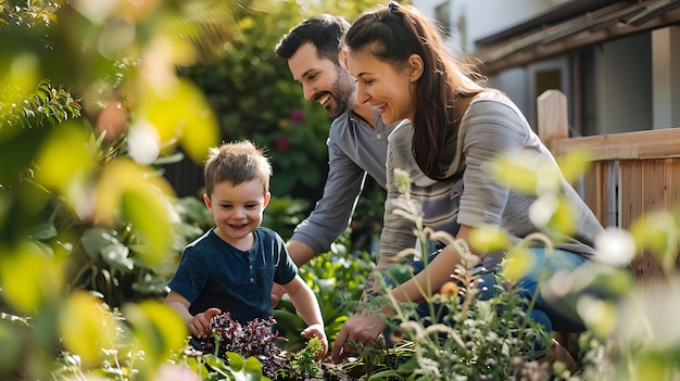 Photo a family in a garden with a baby and a house in the background