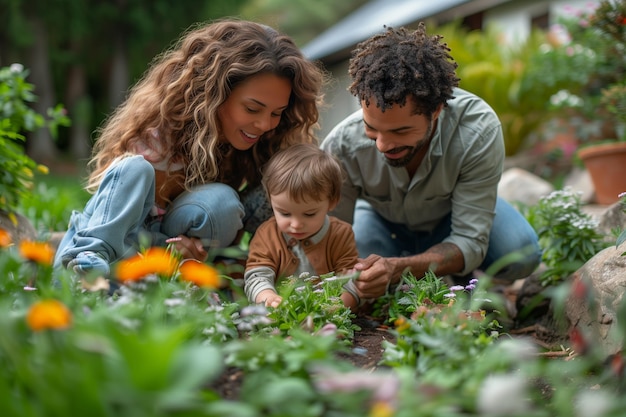 Photo family gardening together in backyard garden on sunny day