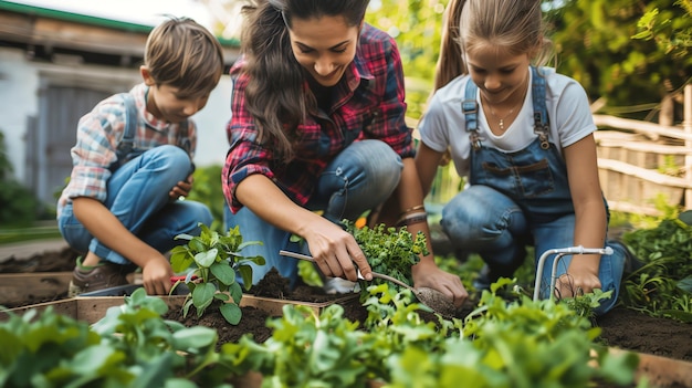 Family gardening together in a vegetable garden