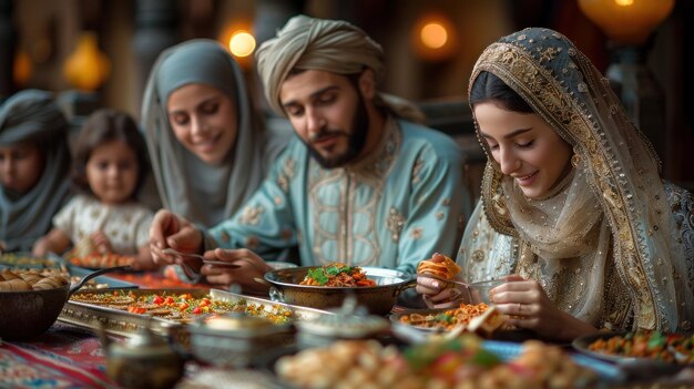 Photo a family gathering around a beautifully decorated table enjoying a traditional eid alfitr meal together