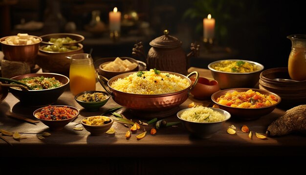 a family gathering around a dining setup featuring a traditional 'Khichdi' feast makar sankranti