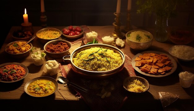 a family gathering around a dining setup featuring a traditional 'Khichdi' feast makar sankranti