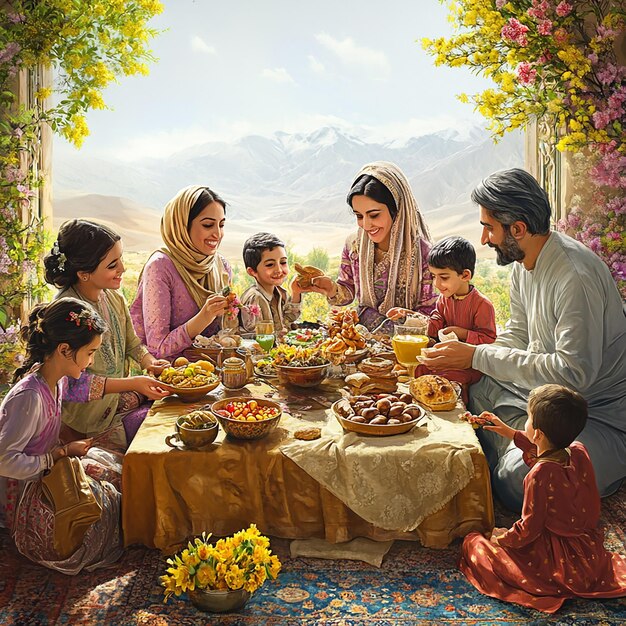 Family Gathering Around HaftSeen Table at Persian Nowruz Festival