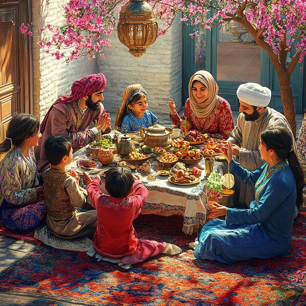 Photo family gathering around haftseen table at persian nowruz festival