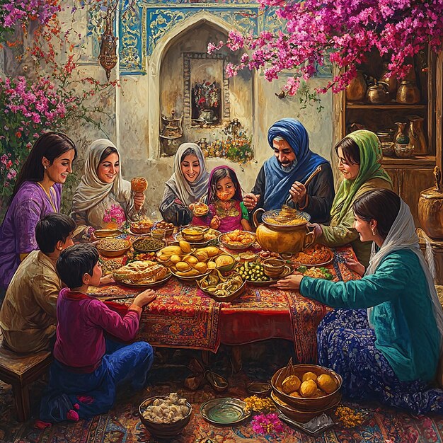 Family Gathering Around HaftSeen Table at Persian Nowruz Festival