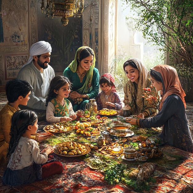 Family Gathering Around HaftSeen Table at Persian Nowruz Festival