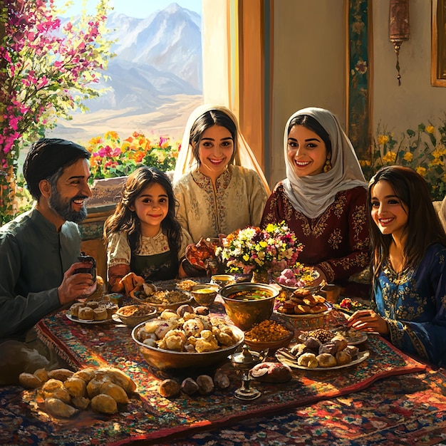 Photo family gathering around haftseen table at persian nowruz festival