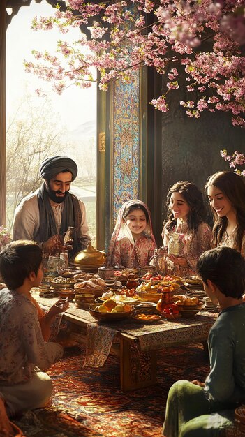 Photo family gathering around haftseen table at persian nowruz festival