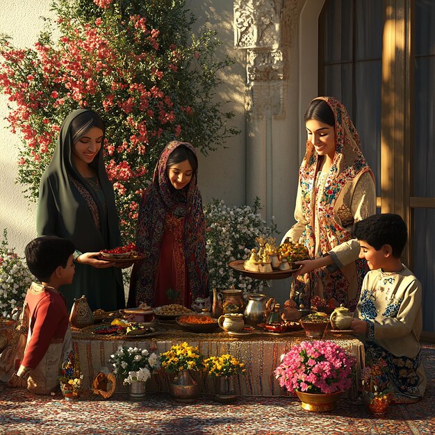 Photo family gathering around haftseen table at persian nowruz festival