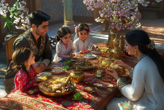 Photo family gathering around haftseen table at persian nowruz festival